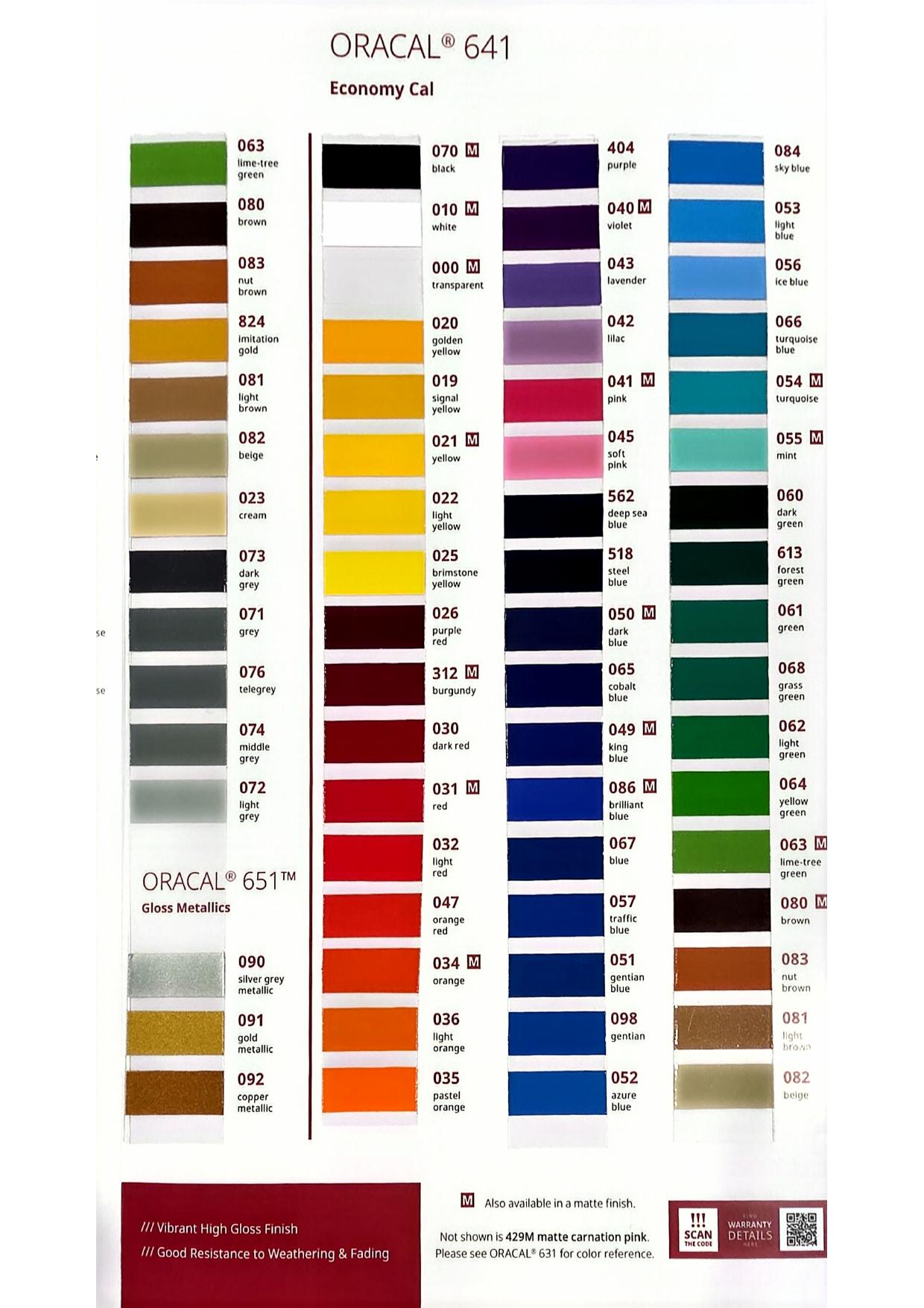 ORACAL 641 Economy Cal — Gloss & matte economy palette with metallic options vinyl color chart