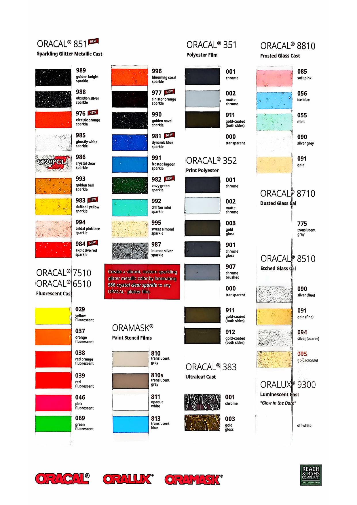 ORACAL Specialty Films — 851 sparkle · 351/352 chrome · 8810 frosted glass · fluorescent · glow-in-the-dark vinyl color chart