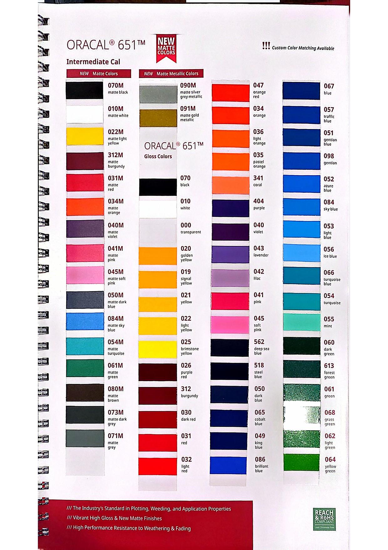 ORACAL 651 Intermediate Cal — New matte & matte metallic colors plus full gloss palette vinyl color chart