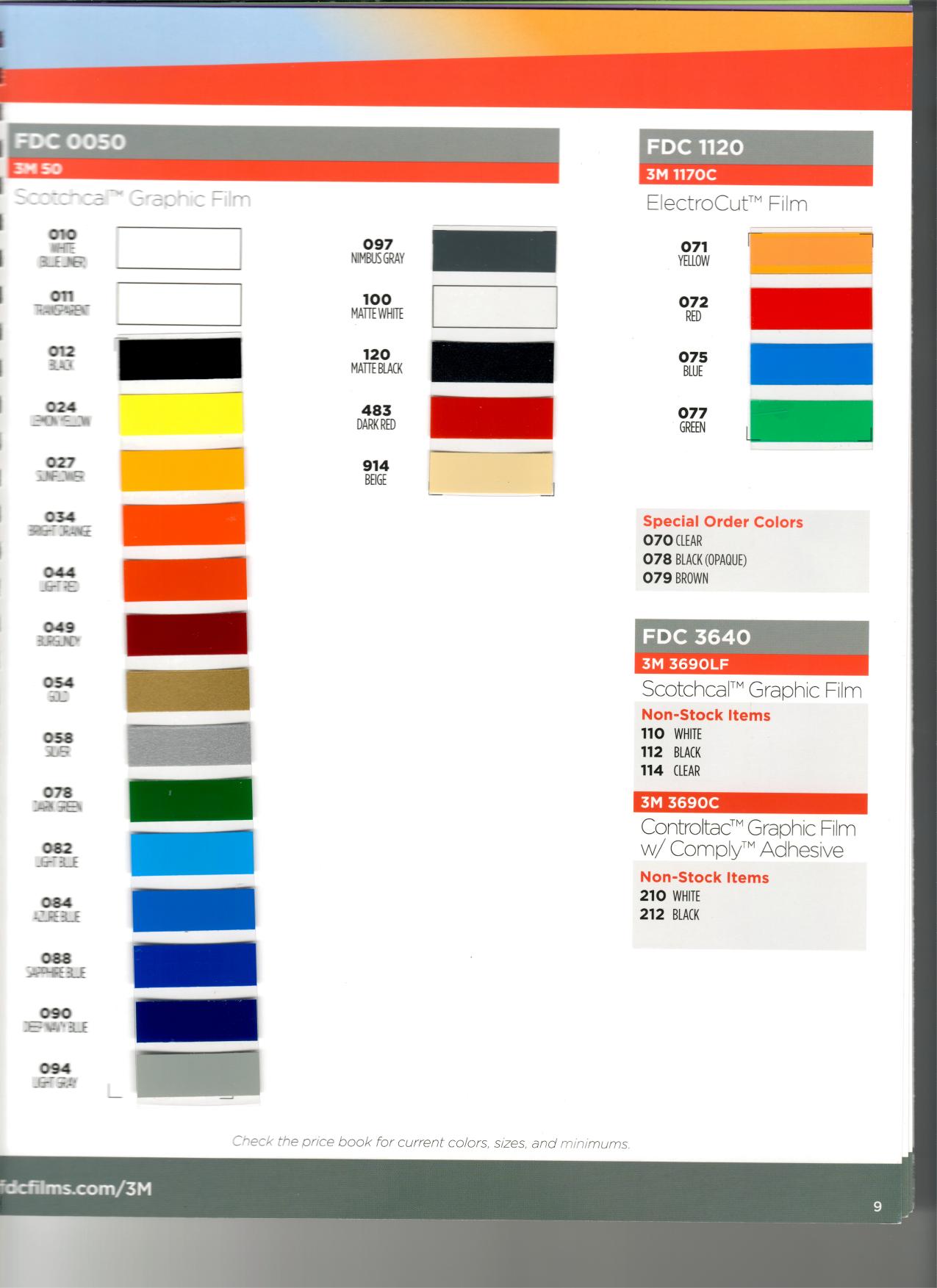 Specialty Graphic Films — 3M 50 · 1170C ElectroCut · 3690 Controltac vinyl color chart