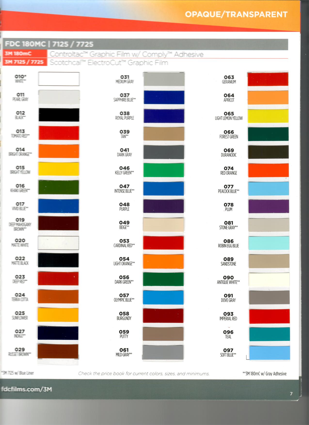 Opaque Colors I — 3M 180mC · 7125 / 7725 — standard gloss palette vinyl color chart