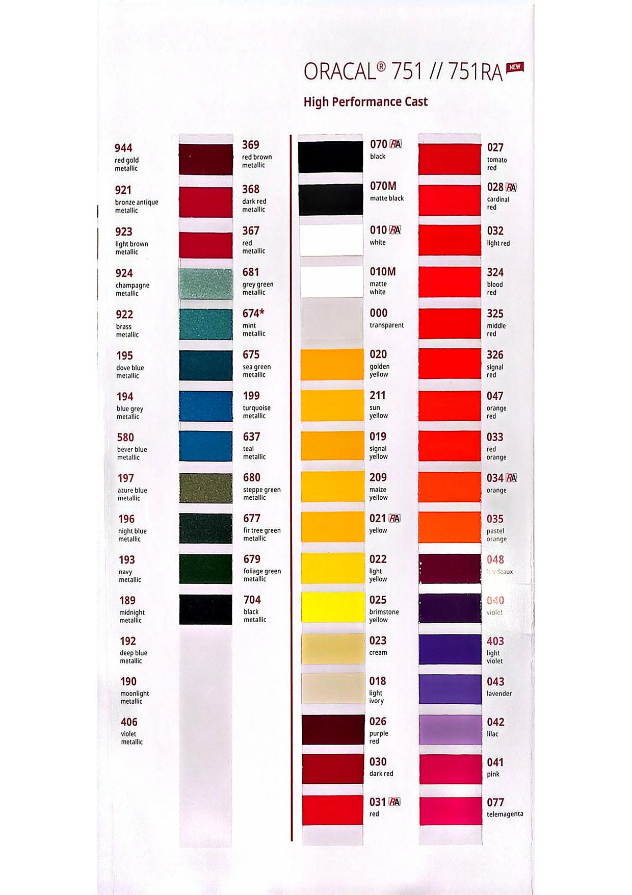 ORACAL 751 High Performance Cast I — 751 / 751RA — metallic & solid cast colors vinyl color chart