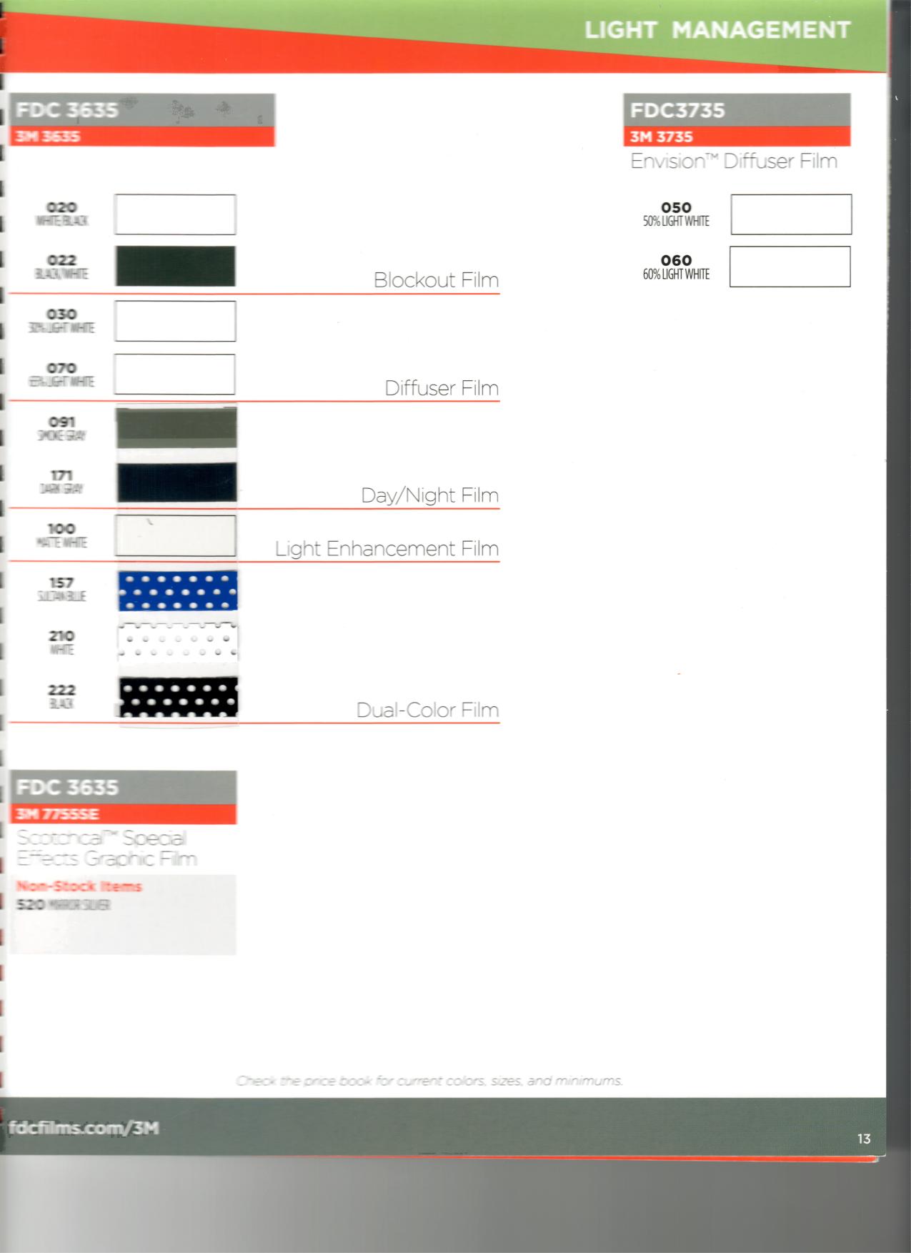 Light Management — 3M 3635 / 3735 — blockout, diffuser & dual-color films vinyl color chart