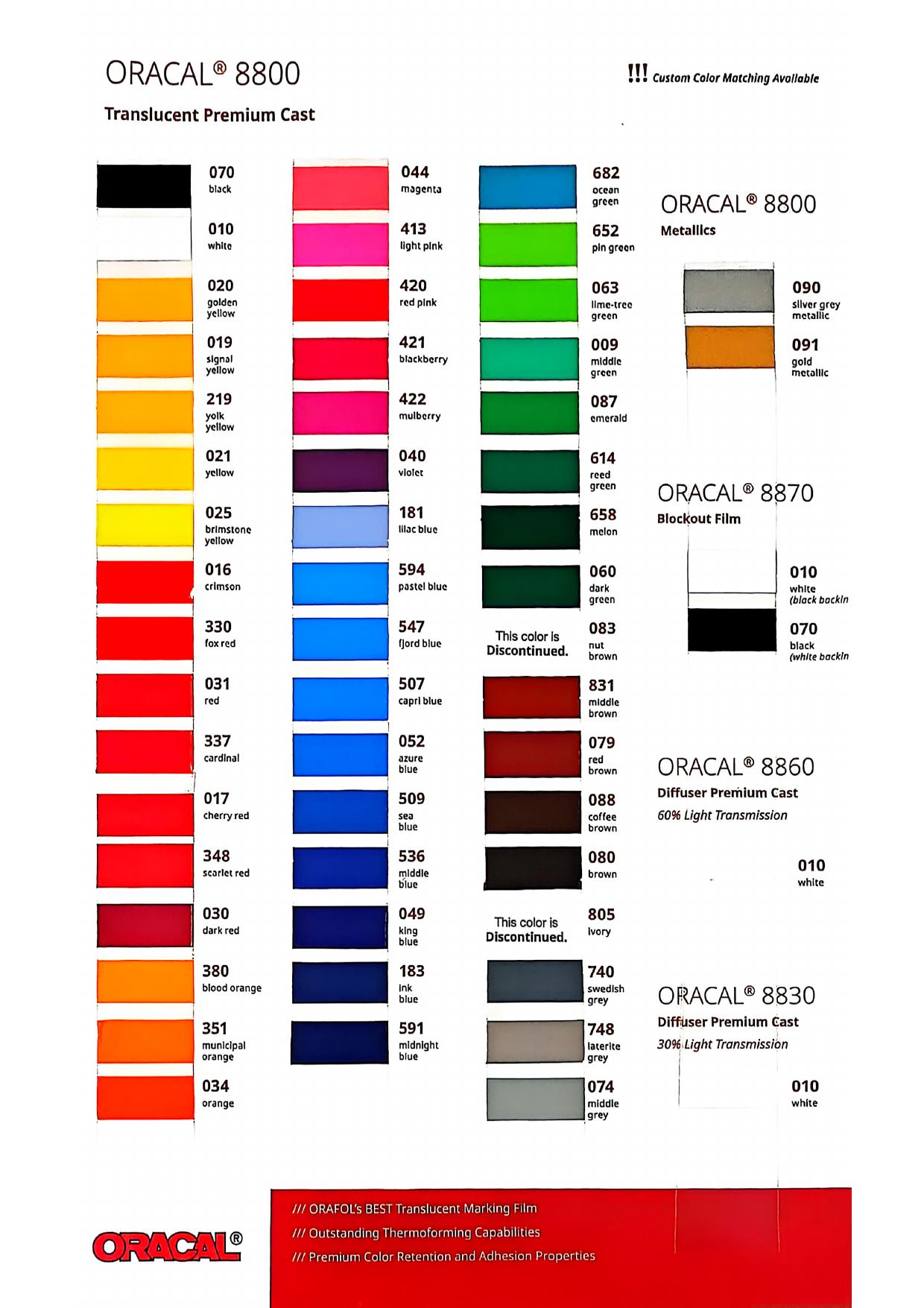 ORACAL 8800 Translucent Premium Cast — 8800 translucent · 8870 blockout · 8860 / 8830 diffuser films vinyl color chart