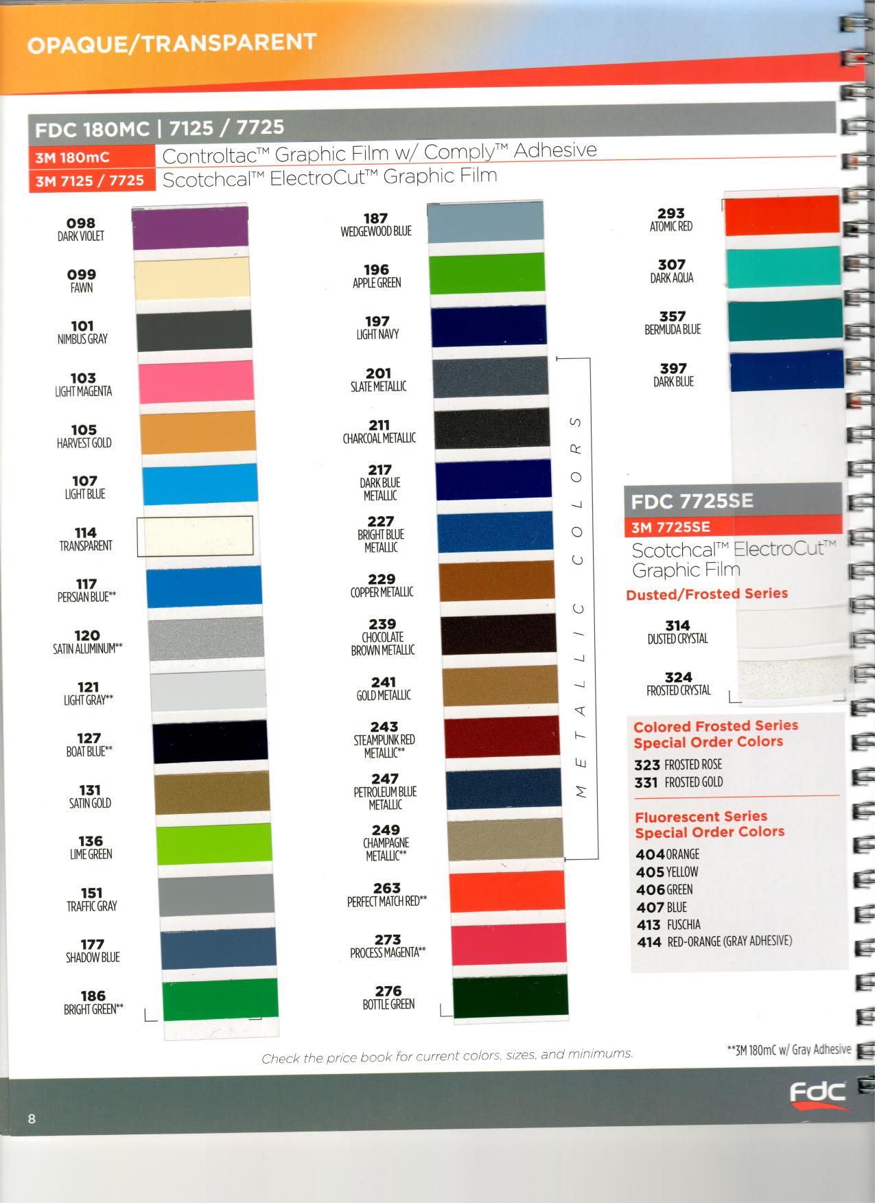 Opaque Colors II — Metallics, dusted/frosted & special order colors vinyl color chart