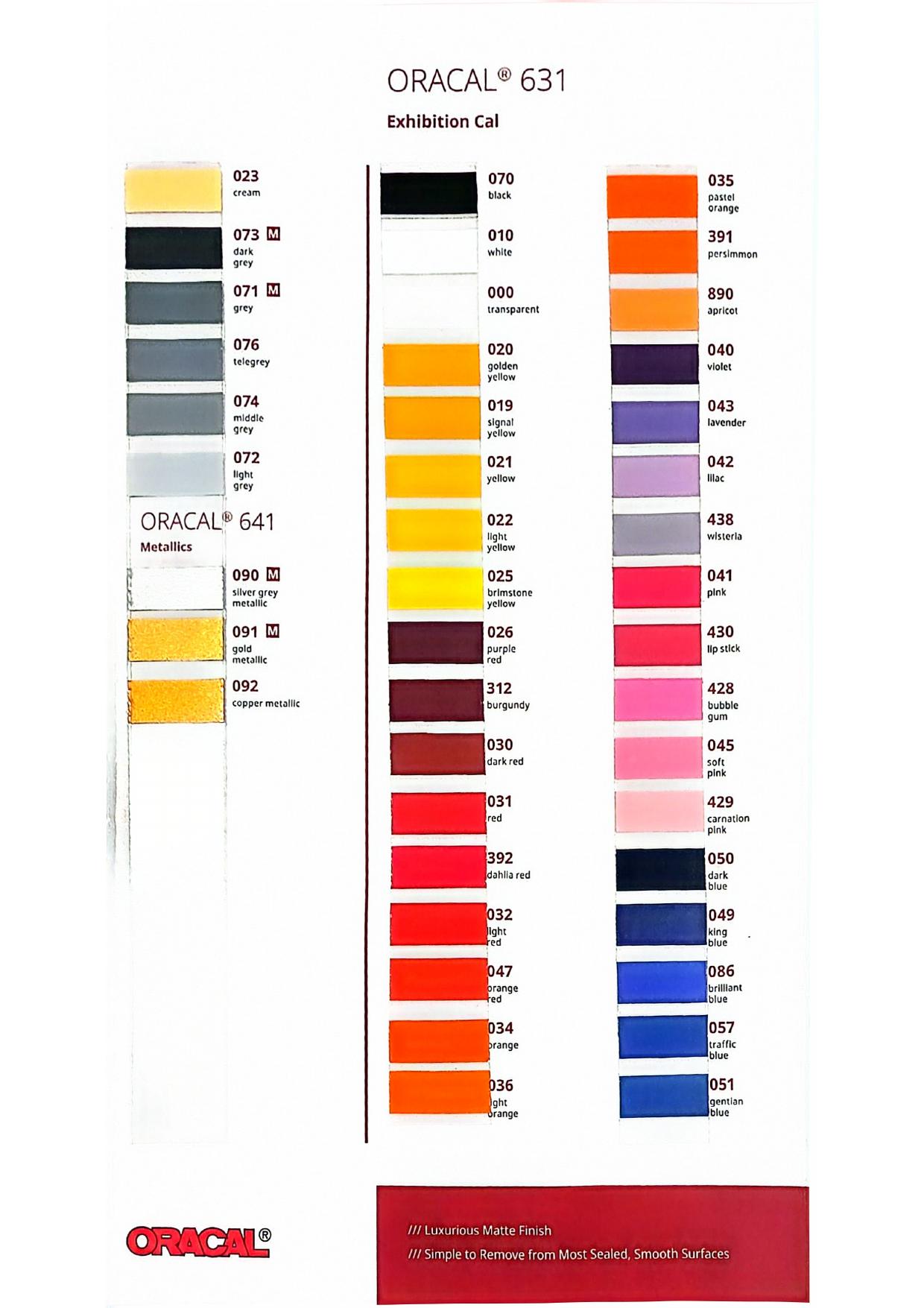 ORACAL 631 Exhibition Cal I — Matte removable film — creams, reds, pinks & blues vinyl color chart