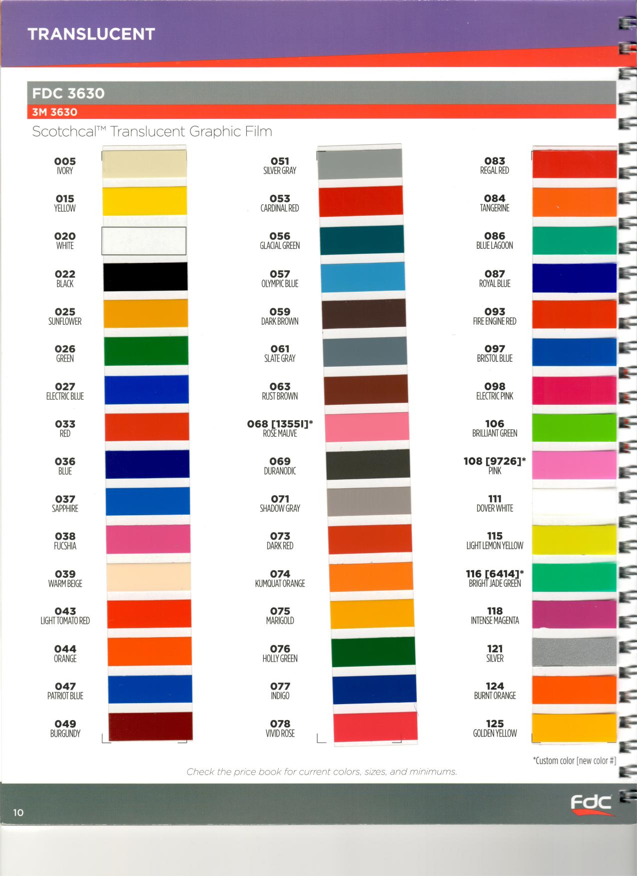 Translucent Colors I — 3M 3630 Scotchcal — backlit & illuminated graphics vinyl color chart