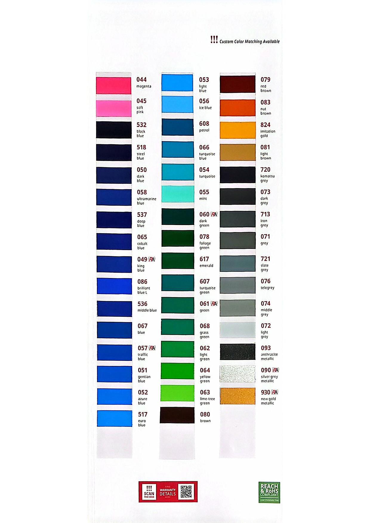 ORACAL 751 High Performance Cast II — Blues, greens, browns, greys & gold metallics vinyl color chart