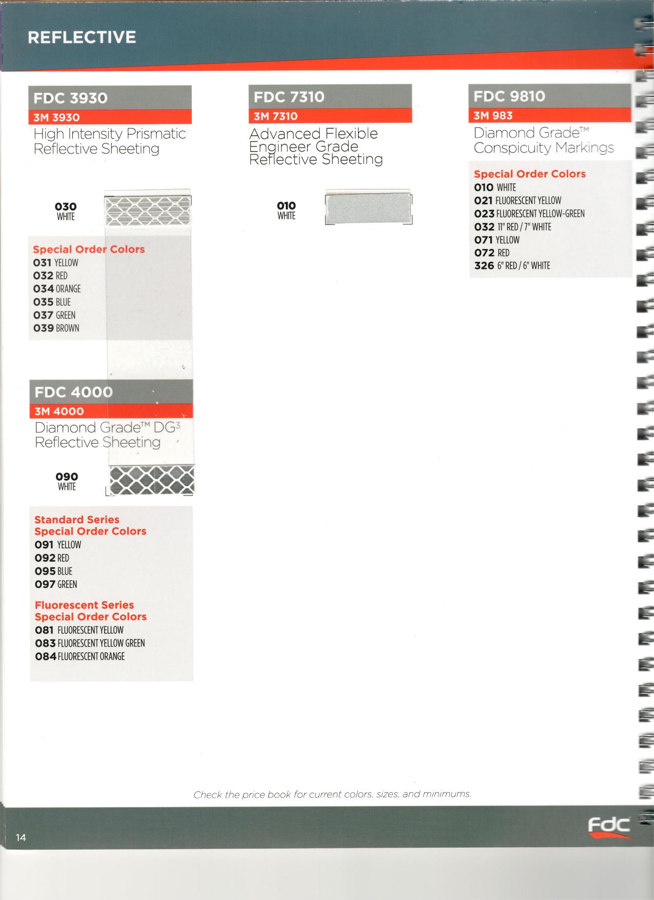 Reflective Sheeting — 3M 3930 · 7310 · 4000 Diamond Grade · 983 markings vinyl color chart
